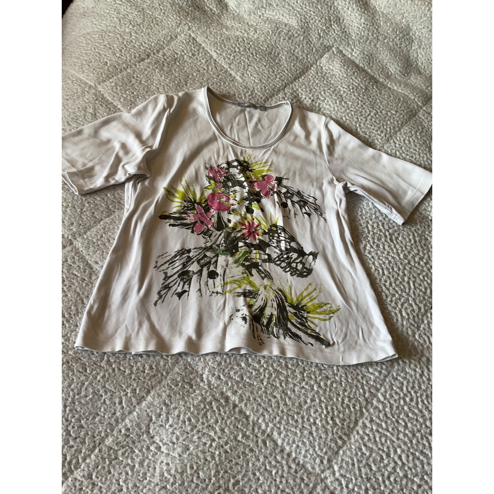 Rabe Graphic Tee Womens 10 White Excellent Floral Print Cotton Short Sleeve